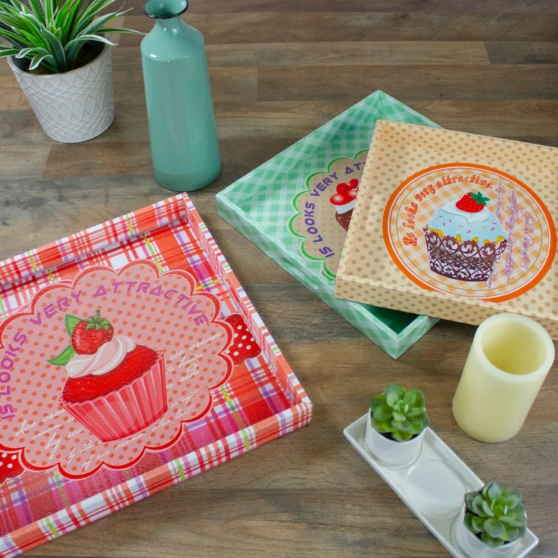 Northlight Set of 3 Cupcake Theme Square Wooden Serving Trays 16 - Green/Brown