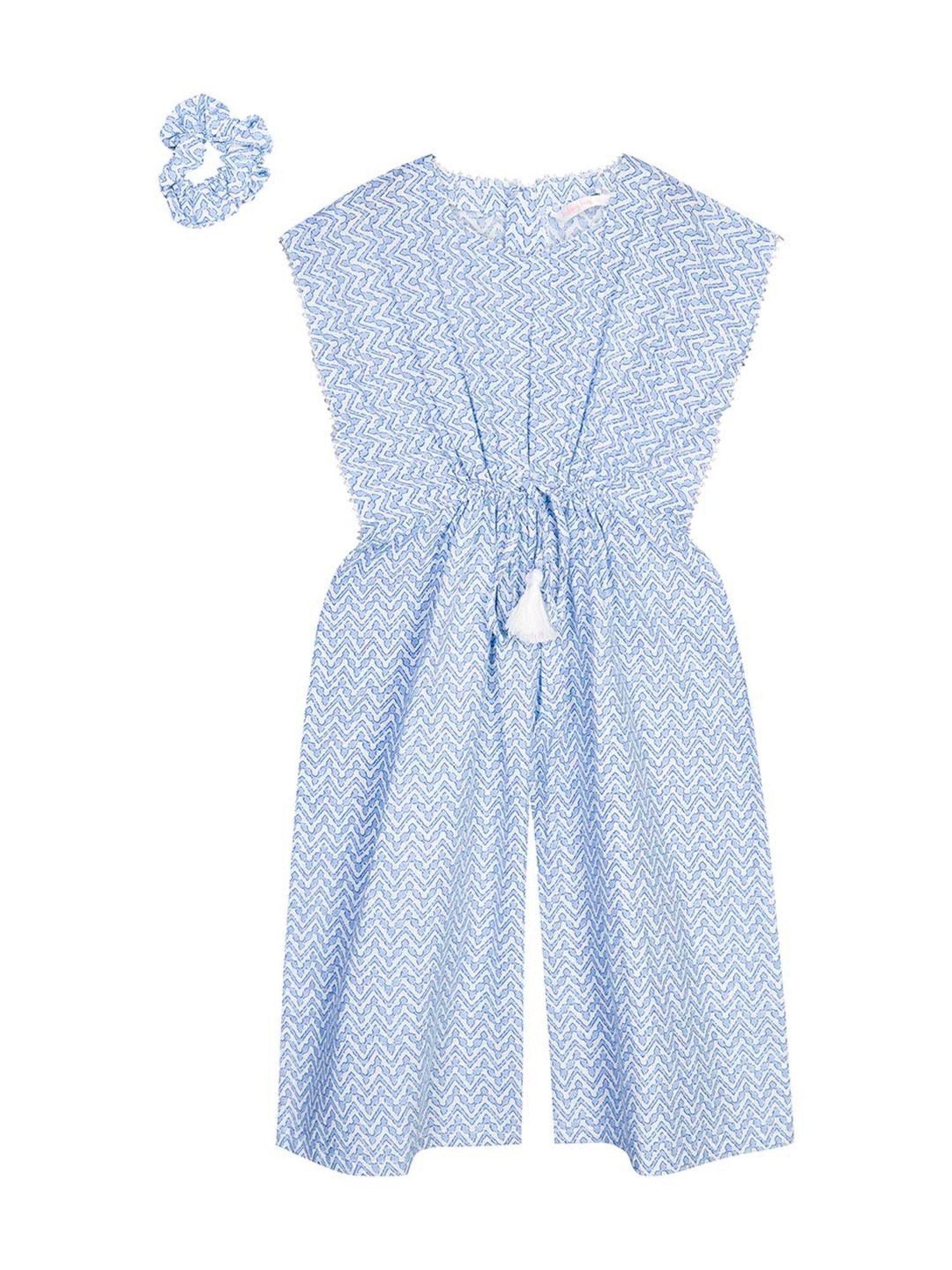 Budding Bees Kids Blue & White Cotton Printed Jumpsuits with Scrunchie