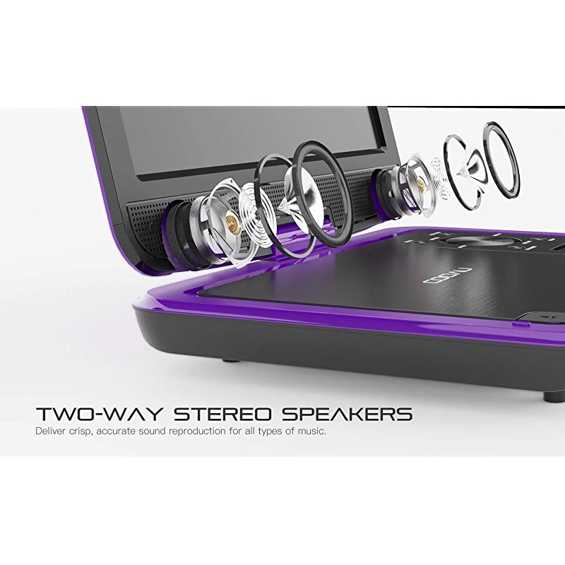 125 Portable DVD Player with HD Swivel Screen 5 Hours Builtin Rechargeable Battery Region Free Support USBSD Card 35mm Audio Jack Remote Control Resume Playback Purple