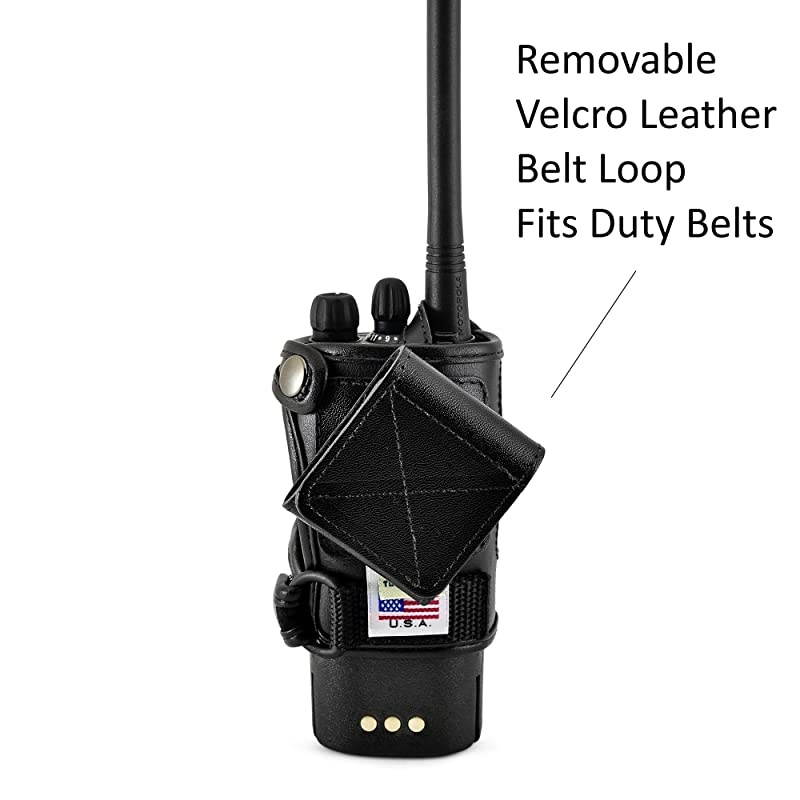 Carry Holder for CP200d Fire and Police Security Two Way Radio Belt Clip Holster Case Black Leather Pouch with Heavy Duty Rotating Ratcheting 225quot Belt Loop Made in USA