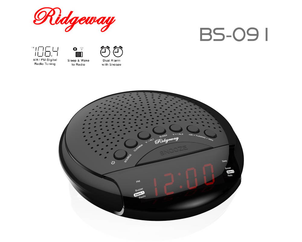 Ridgeway BS-091 Clock Radio FM/AM Portable Radio With Clock & Dual Alarm & LED Display / 20 Stations (10 FM/10 AM) Built-in Antenna Color Black