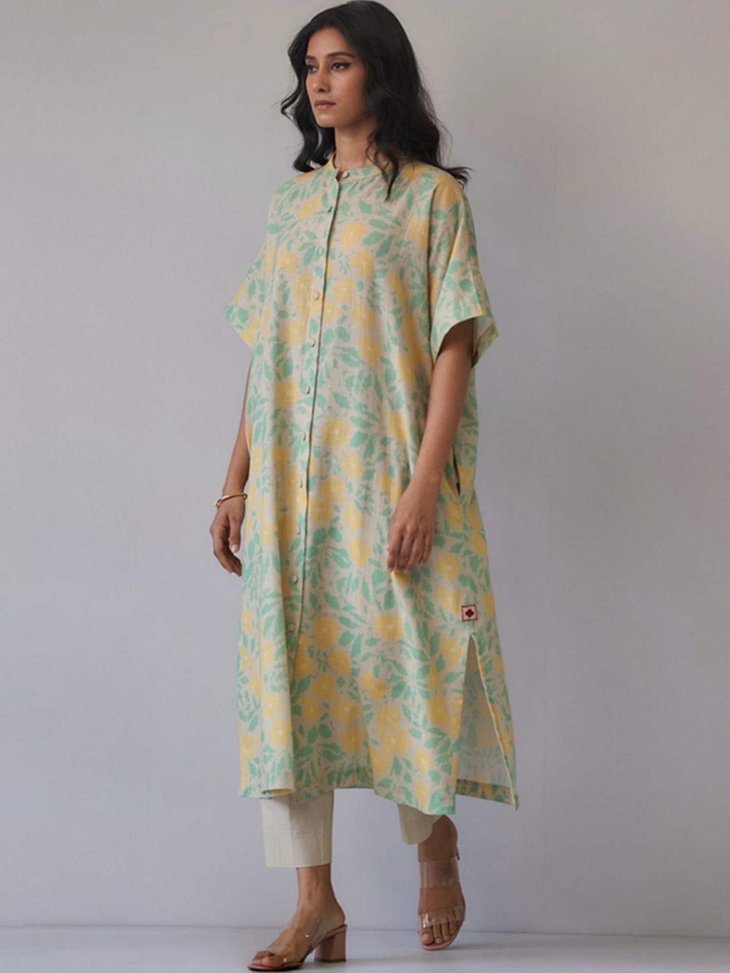 Ganga Fashions Almond Milk & Green Cotton Linen Kurta with Pant Co-ord Set
