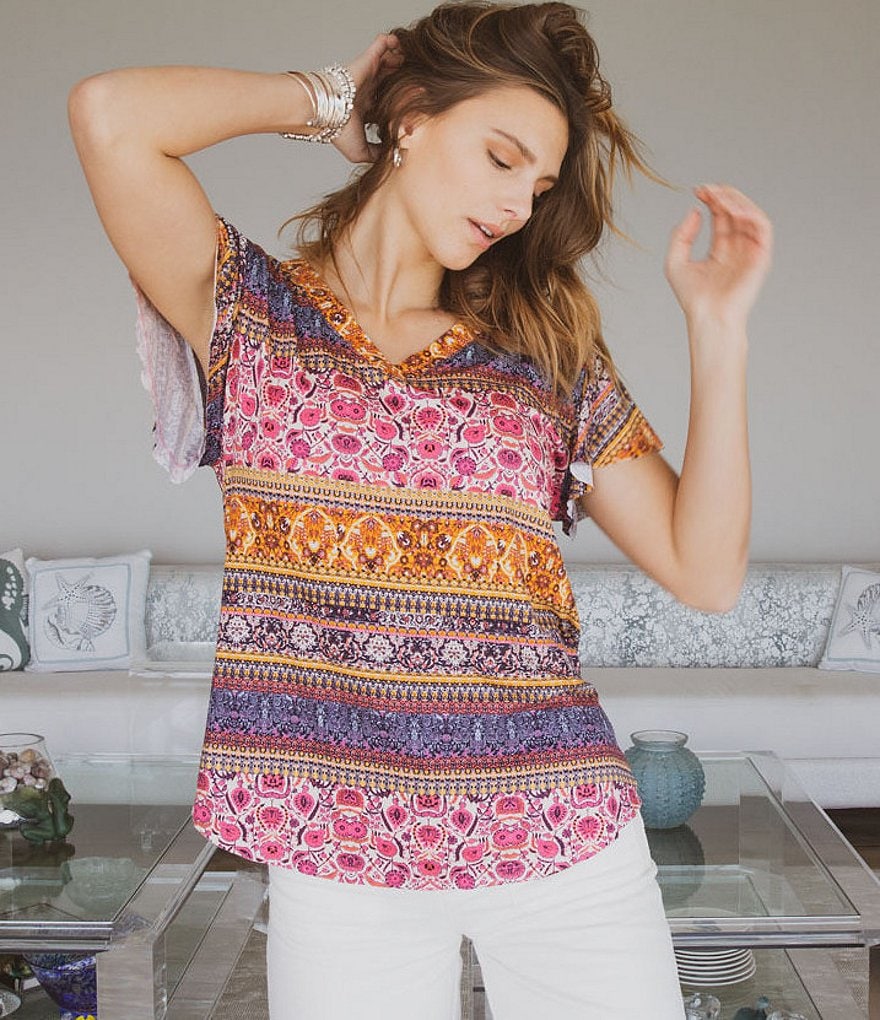 One World Apparel Multi Geo Print Slub Knit V-Neck Flutter Sleeve Drop Shoulder Top