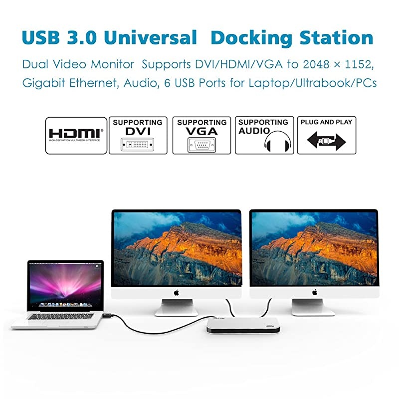 USB 30 Universal Laptop Docking Station Dual Video Display HDMI ampDVIVGA Gigabit Ethernet Audio 6 USB Ports for Windows Chromebooks