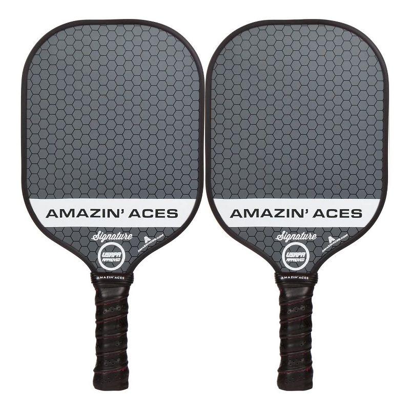 Amazin Aces Signature Pickleball Set with 2 Graphite Face Paddles, 4 Balls, Paddle Covers, and Carry Bag, Gray