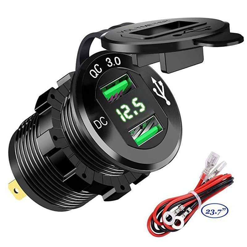 Charge 30 Dual USB Car Charger Socket 12V24V 36W QC30 Dual USB Fast Charger Aluminum Socket Power Outlet with LED Voltmeter for Marine Boat Motorcycle Truck Golf Cart