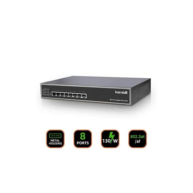Port Gigabit PoE Switch, PoE+ Ports 1000Mbps, 02.3af/at 150W, Metal Fanless Unmanaged Plug and Play