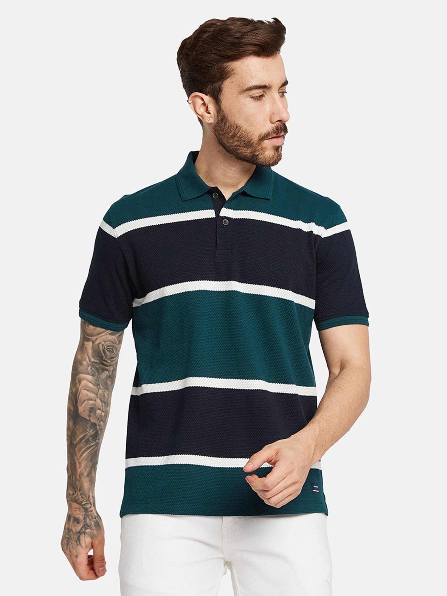 Octave Jasper Cotton Regular Fit Striped Polo T-Shirt