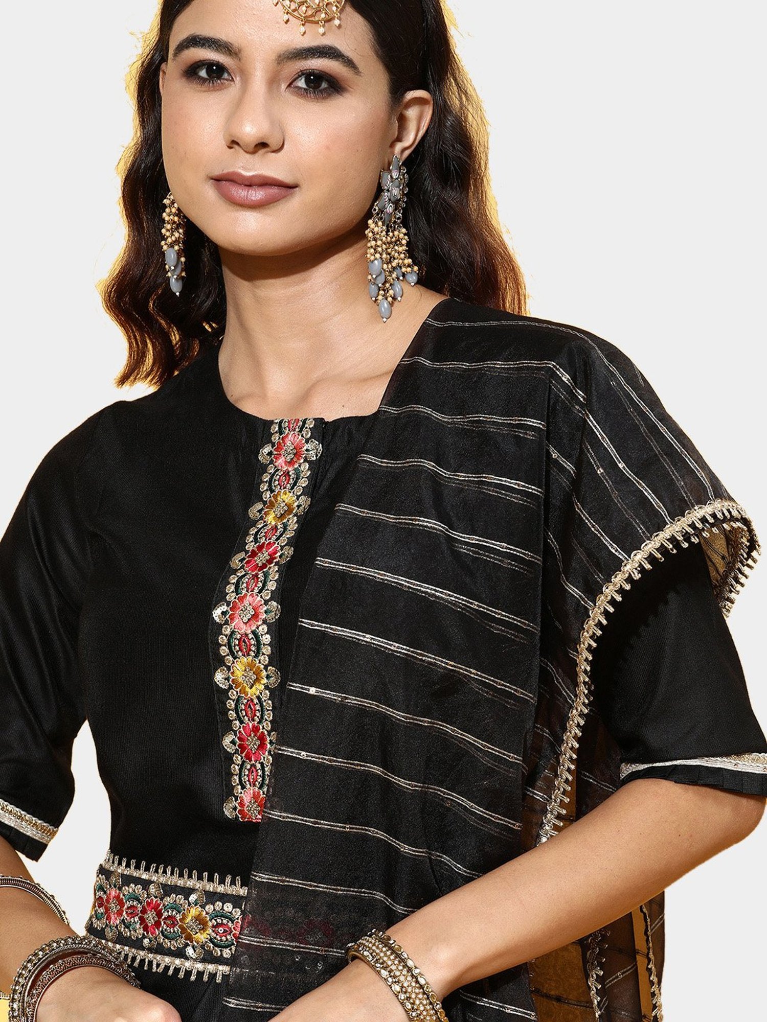 Indo Era Black Embroidered Kurta With Pant & Dupatta