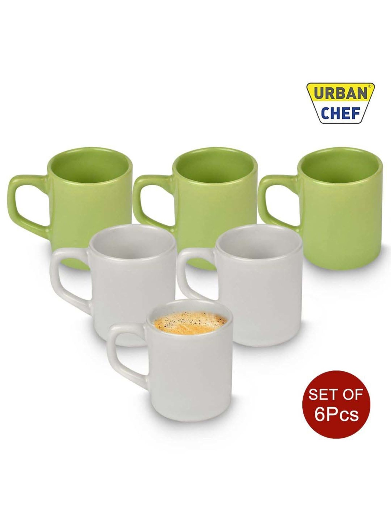 Urban Chef White & Parrot Green Ceramic Droite Handcrafted Microwave Safe Cup - Set of 6