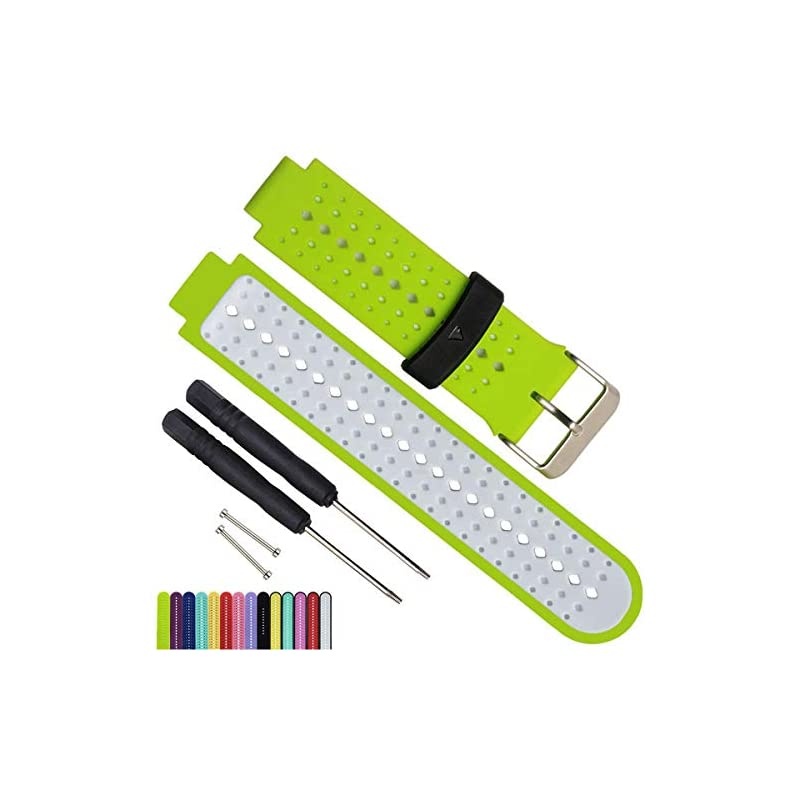 Waterproof Replacement Watch Bands and Straps With 2PCS Pin Removal Tools + 2PCS Lugs Adapters for Garmin Fouerunner 220 230 235 620 630 735 GPS Running Smart Wrist Watch GreenWhite