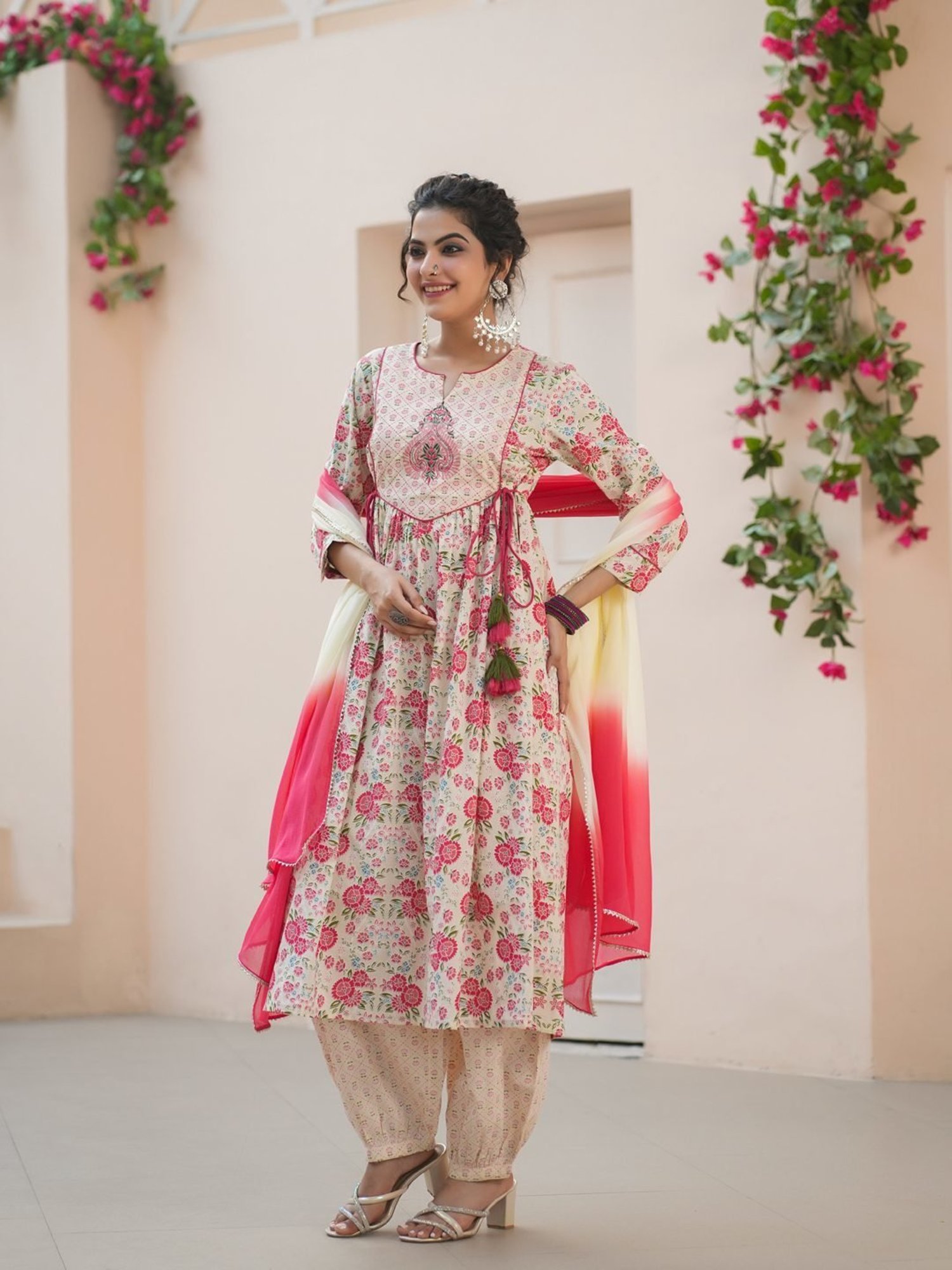 Rain and Rainbow Cream Cotton Embroidered Kurta & Salwar Set With Dupatta