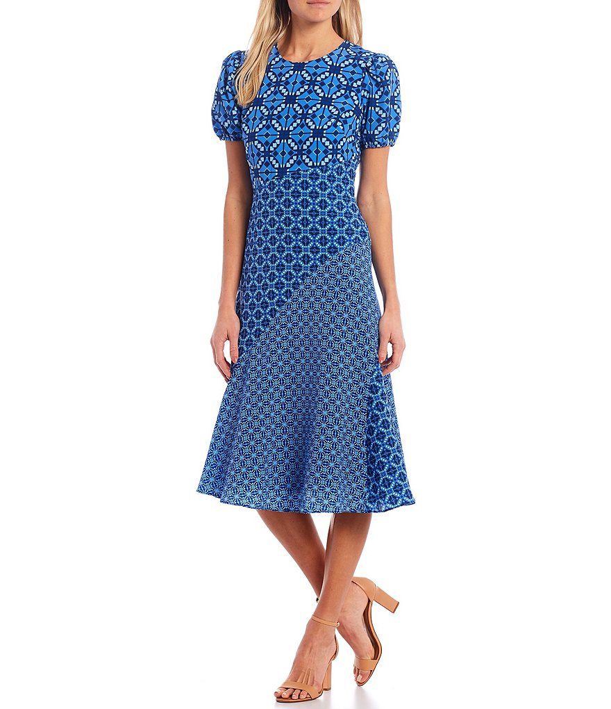Donna Morgan Mixed Print Crepe de Chine Short Puff Sleeve Midi Dress