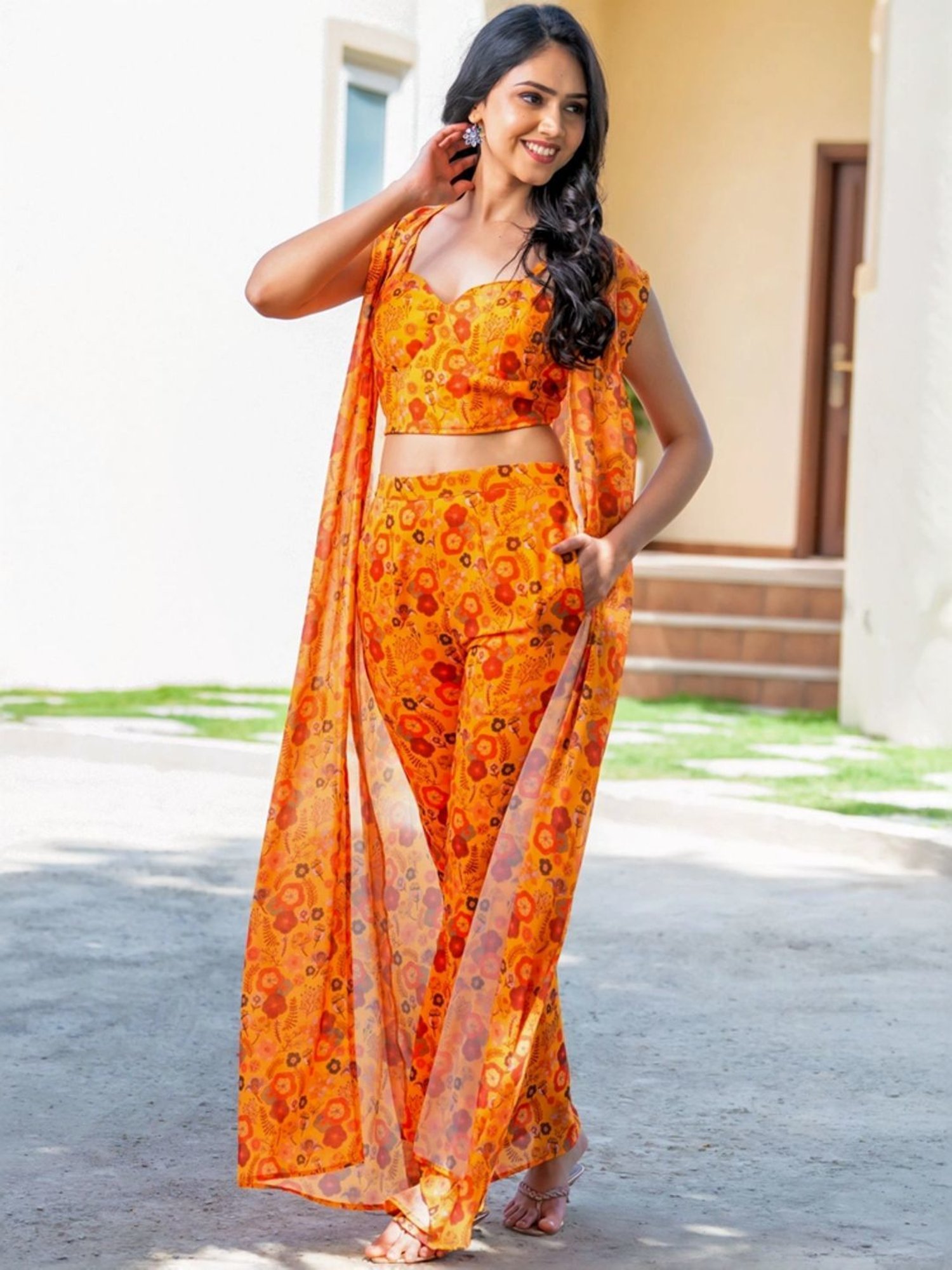 HOUSE OF JAMOTI Mustard Printed Crop Top Palazzo Set With Long Cape