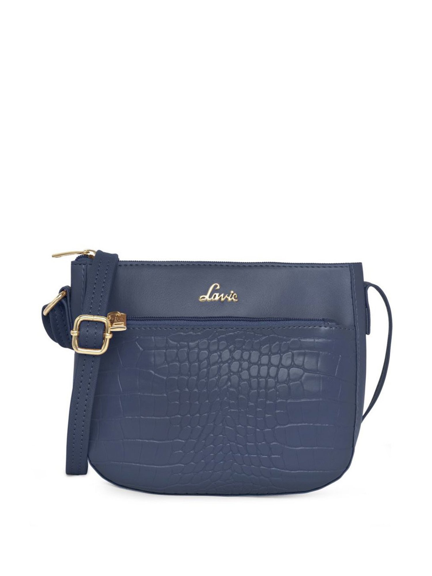 Lavie Croc Saddle Navy Synthetic Textured Sling Handbag