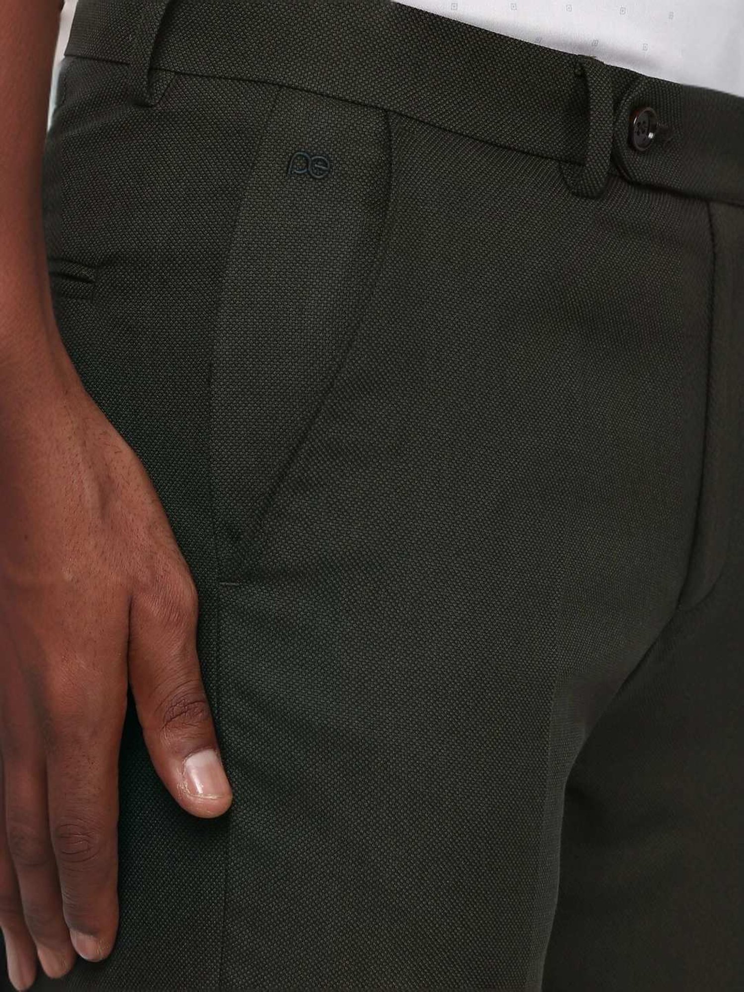 Peter England Olive Slim Fit Self Pattern Trousers