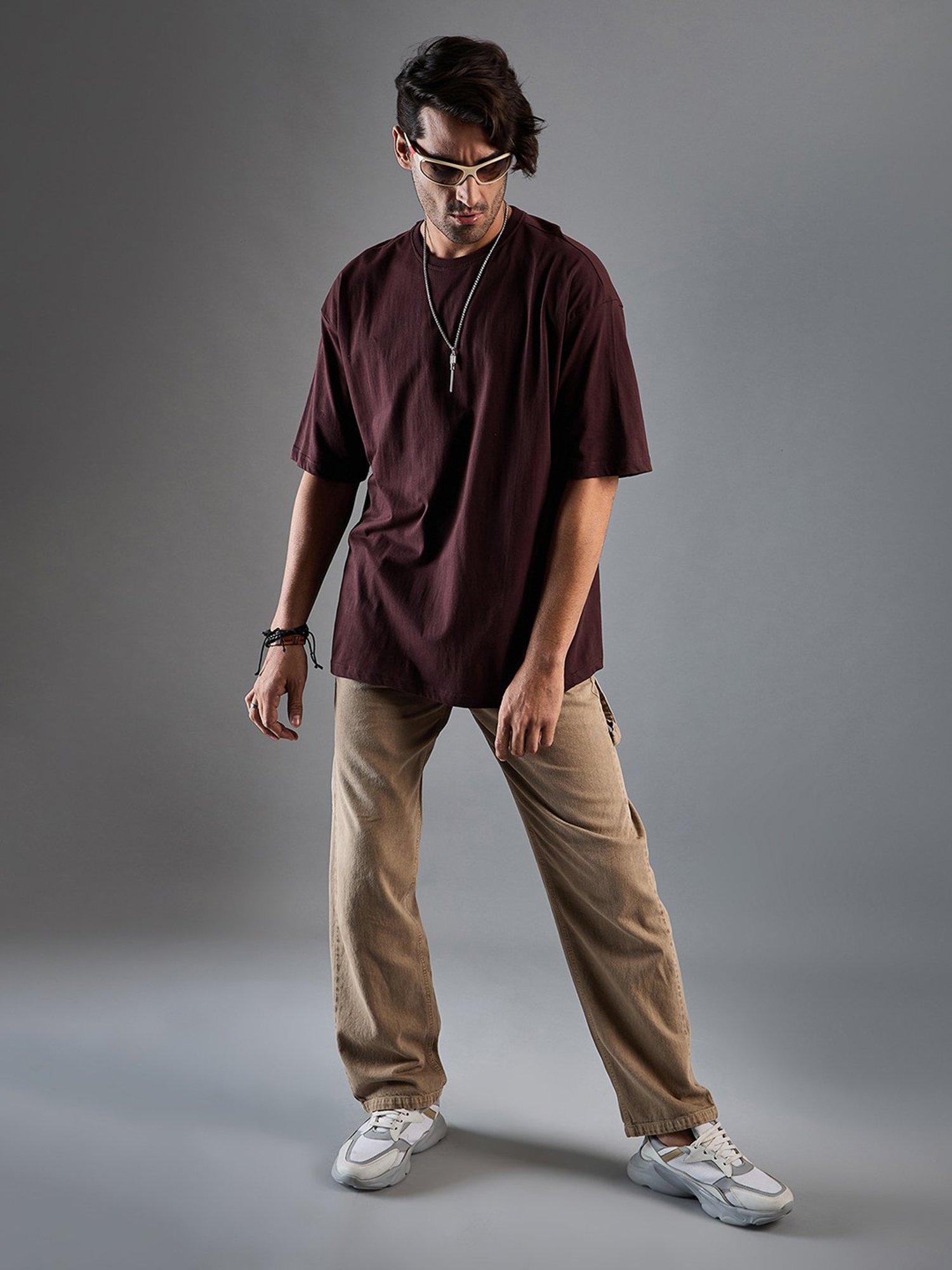 CHIMPAAANZEE Coffee Brown Loose Fit Oversized Crew T-Shirt
