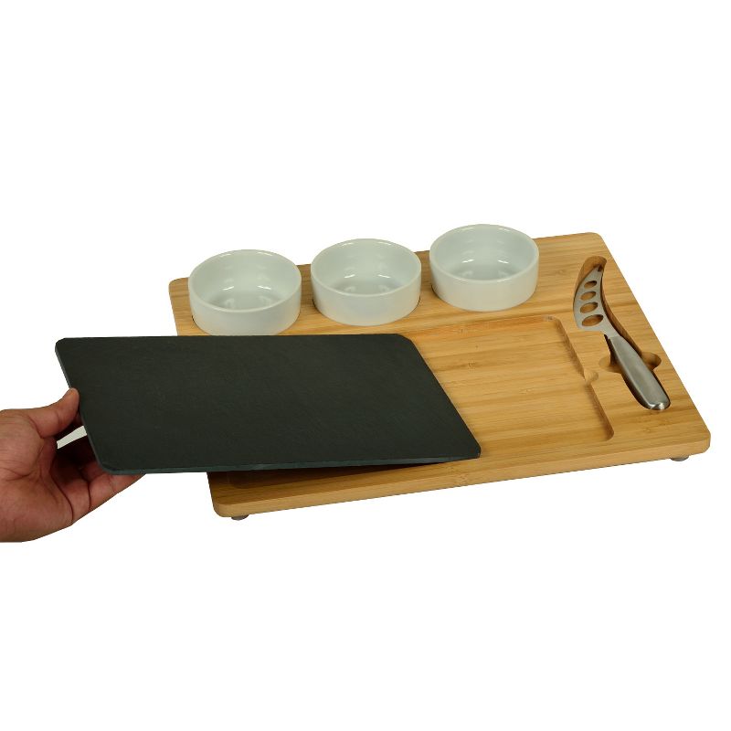 Picnic at Ascot Bamboo Cheese Board with 3 Ceramic Bowls, Bamboo Spoons, Stainless Steel Cheese Tools & Cheese Markers