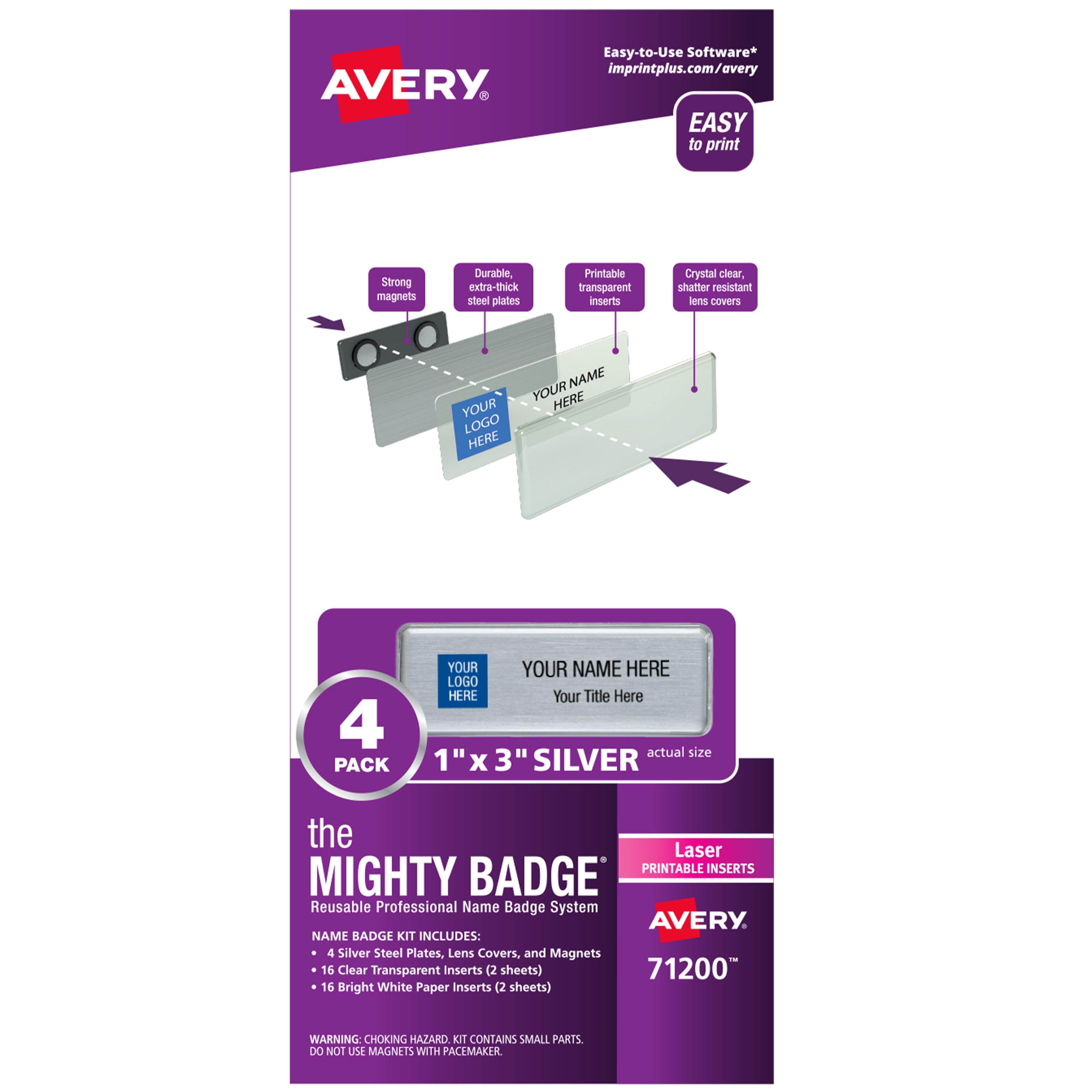 The Mighty Badge, 1&rdquo;x3&rdquo; Silver, 4 Reusable Name Tags, 32 Laser Inserts