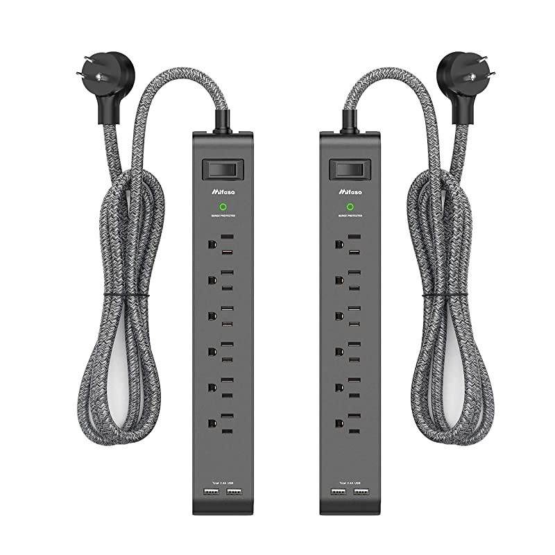Pack Surge Protector Power Strip with 6 Outlets USB Ports 5Foot Long HeavyDuty Braided Extension Cords Flat Plug 900 Joules 15A Circuit Breaker Wall Mount for Home Office