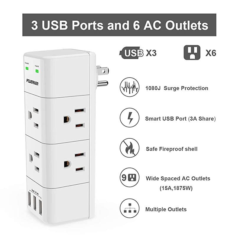 Surge Protector Wall Mount Outlet Splitter with Rotating Plug  Power Strip with 6 Outlet Extender 3 Side and 3 USB Ports 1680 Joules for HomeSchoolOfficeTravel White