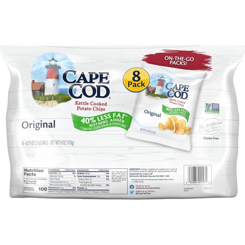 Cape Cod Original Flavored 40% Reduced Fat Kettle Cooked Potato Chips - .75oz / 8ct