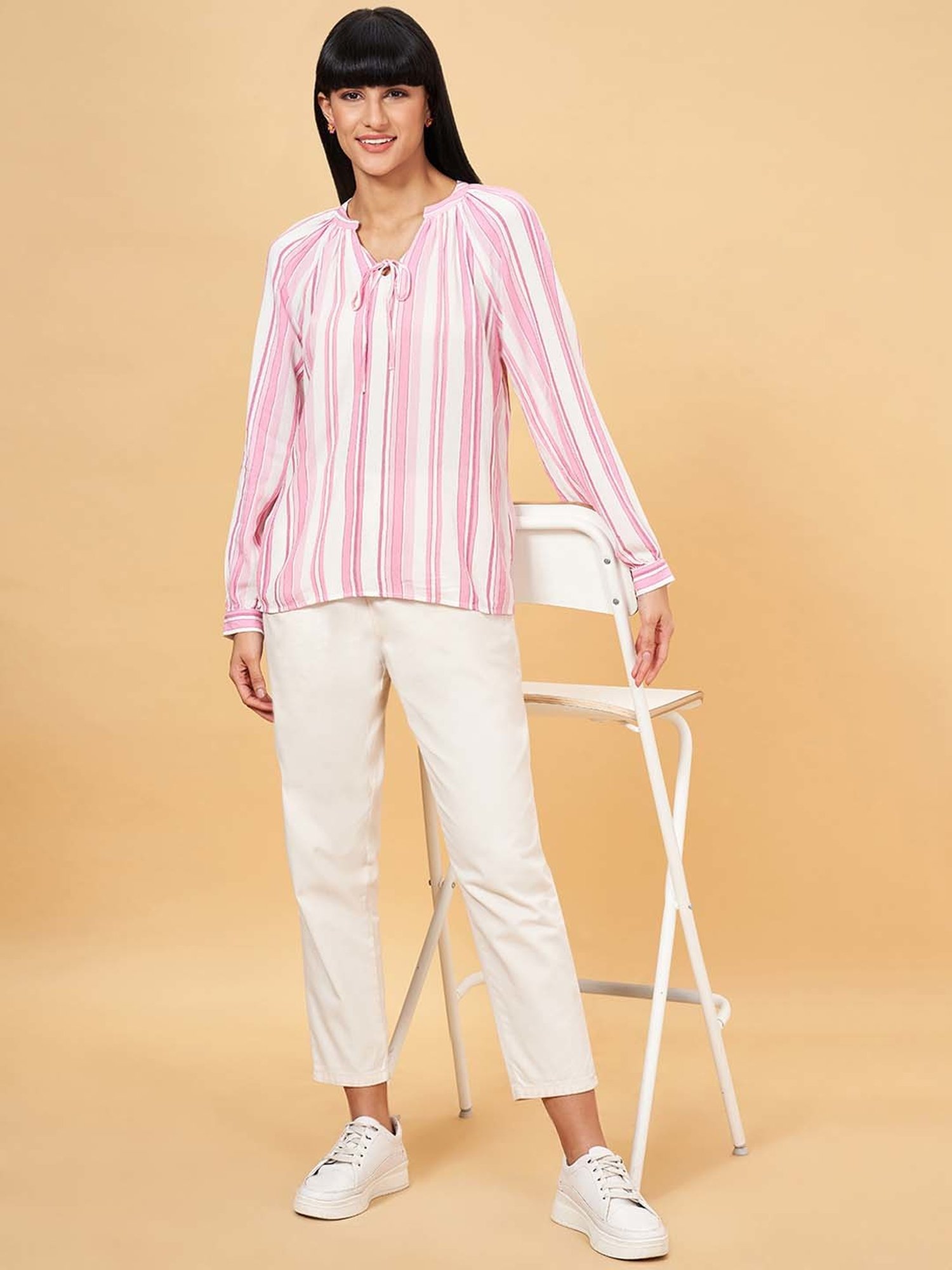 Honey by Pantaloons White & Pink Striped Top