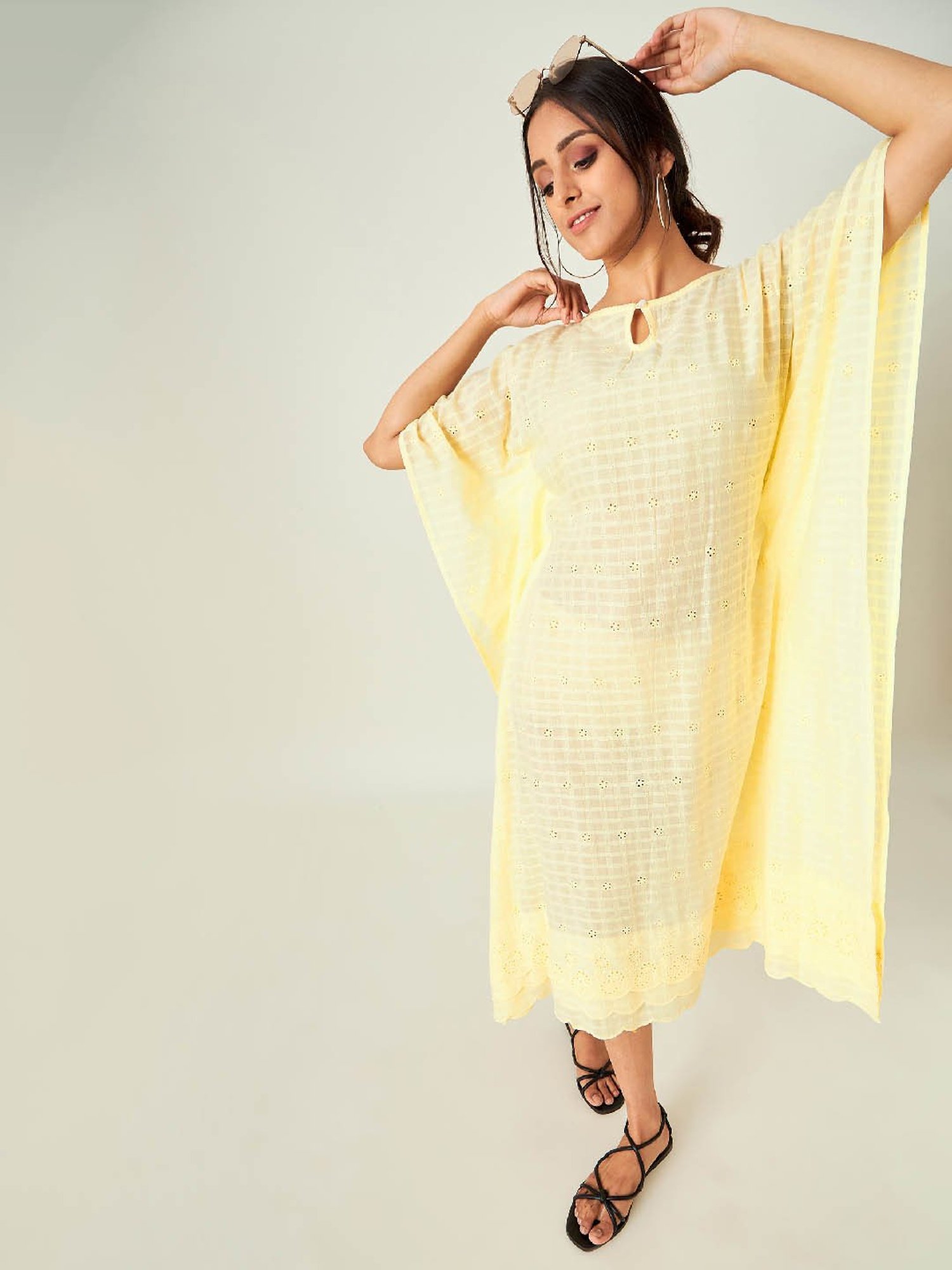 The Kaftan Company Yellow Embroidered Kaftan Dress