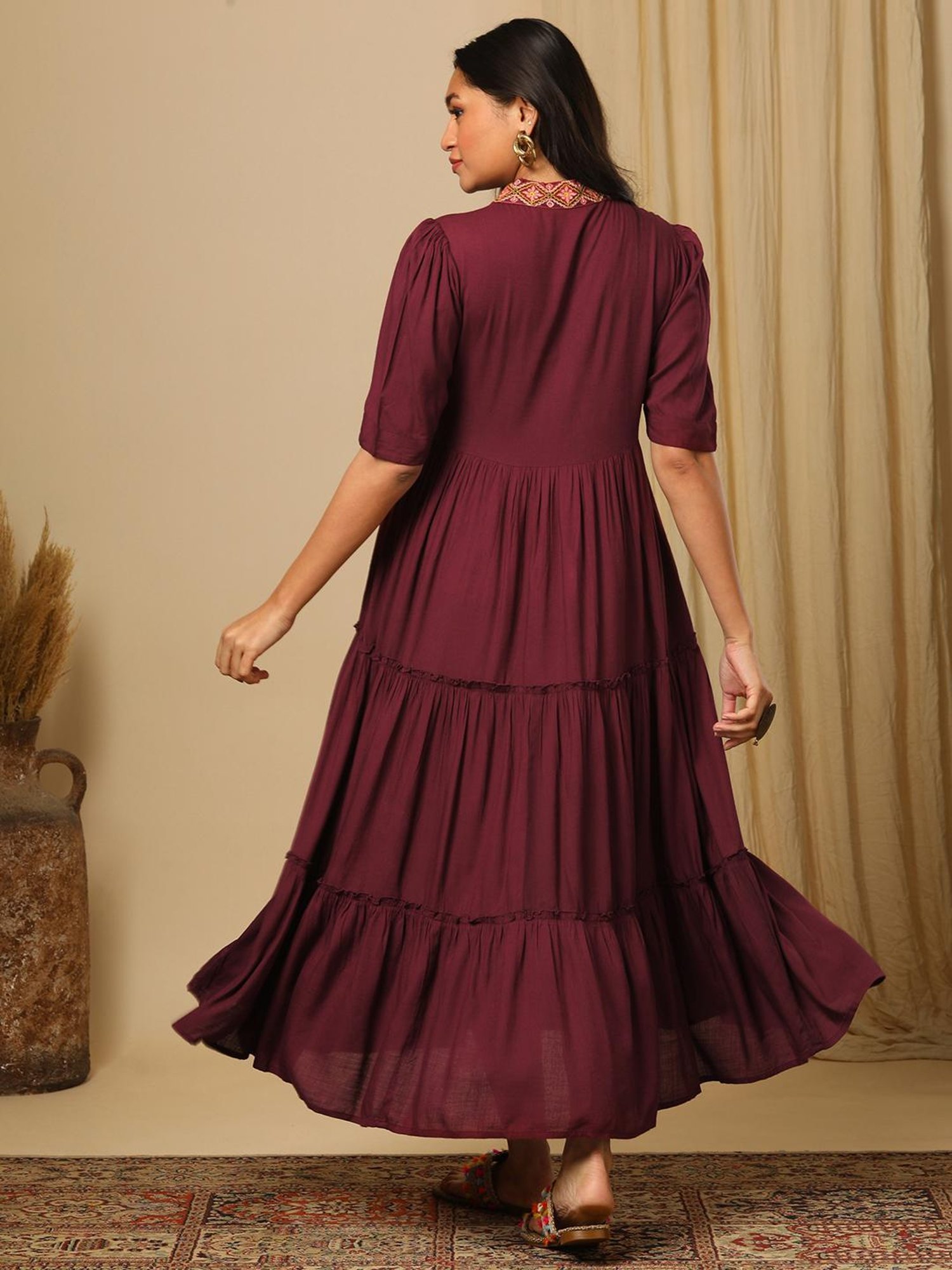 Globus Burgundy Embroidered Midi Dress