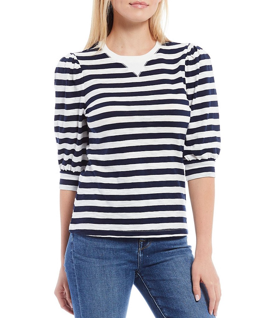 A Loves A Banded Puff Sleeve Knit Striped Tee