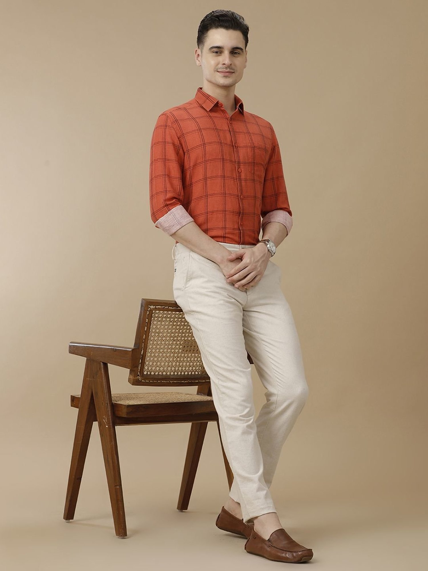 Linen Club Orange Linen Contemporary Fit Checks Shirt