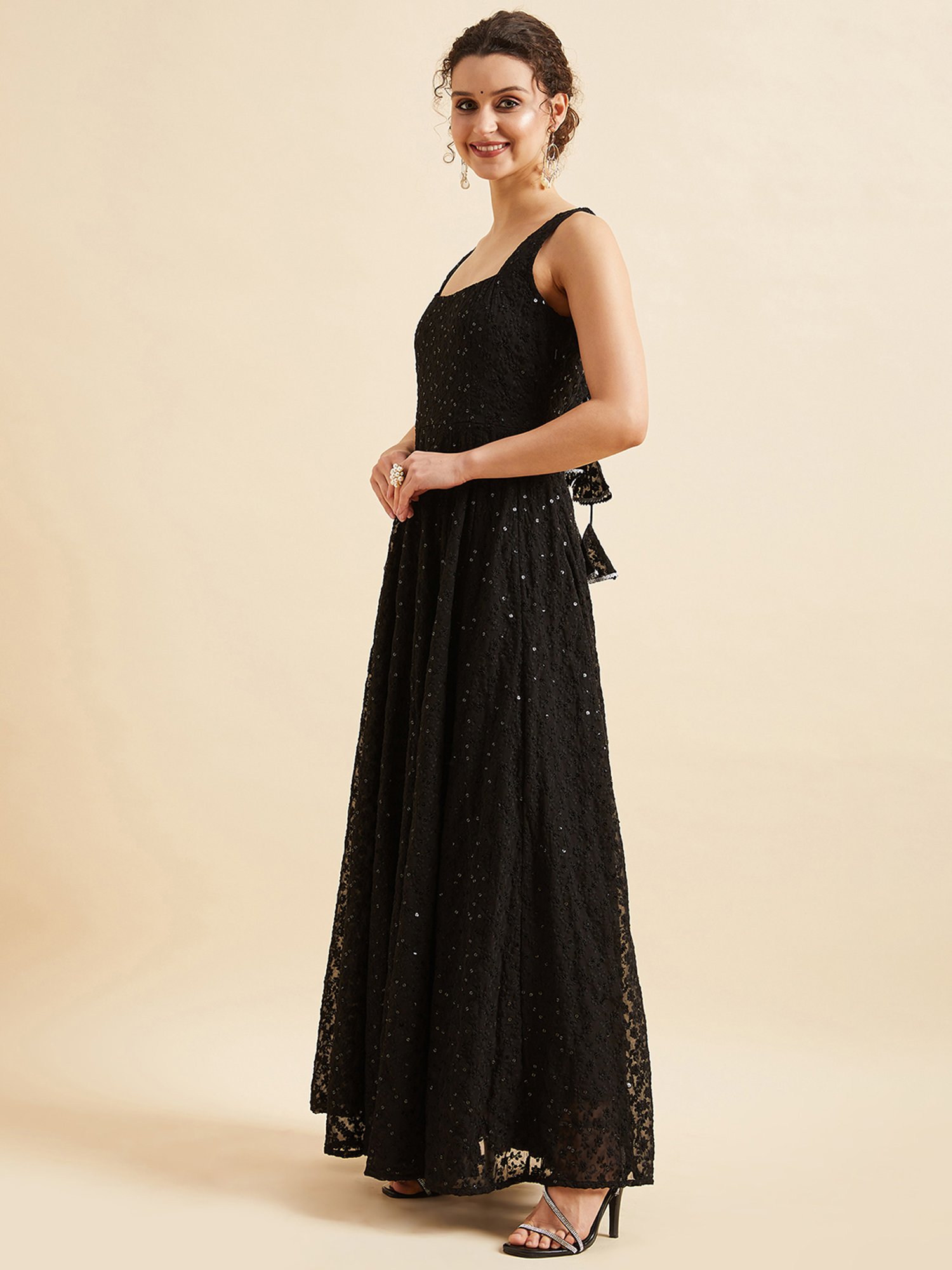 Saffron Threads Black Cotton Floral Print Ethnic Dress