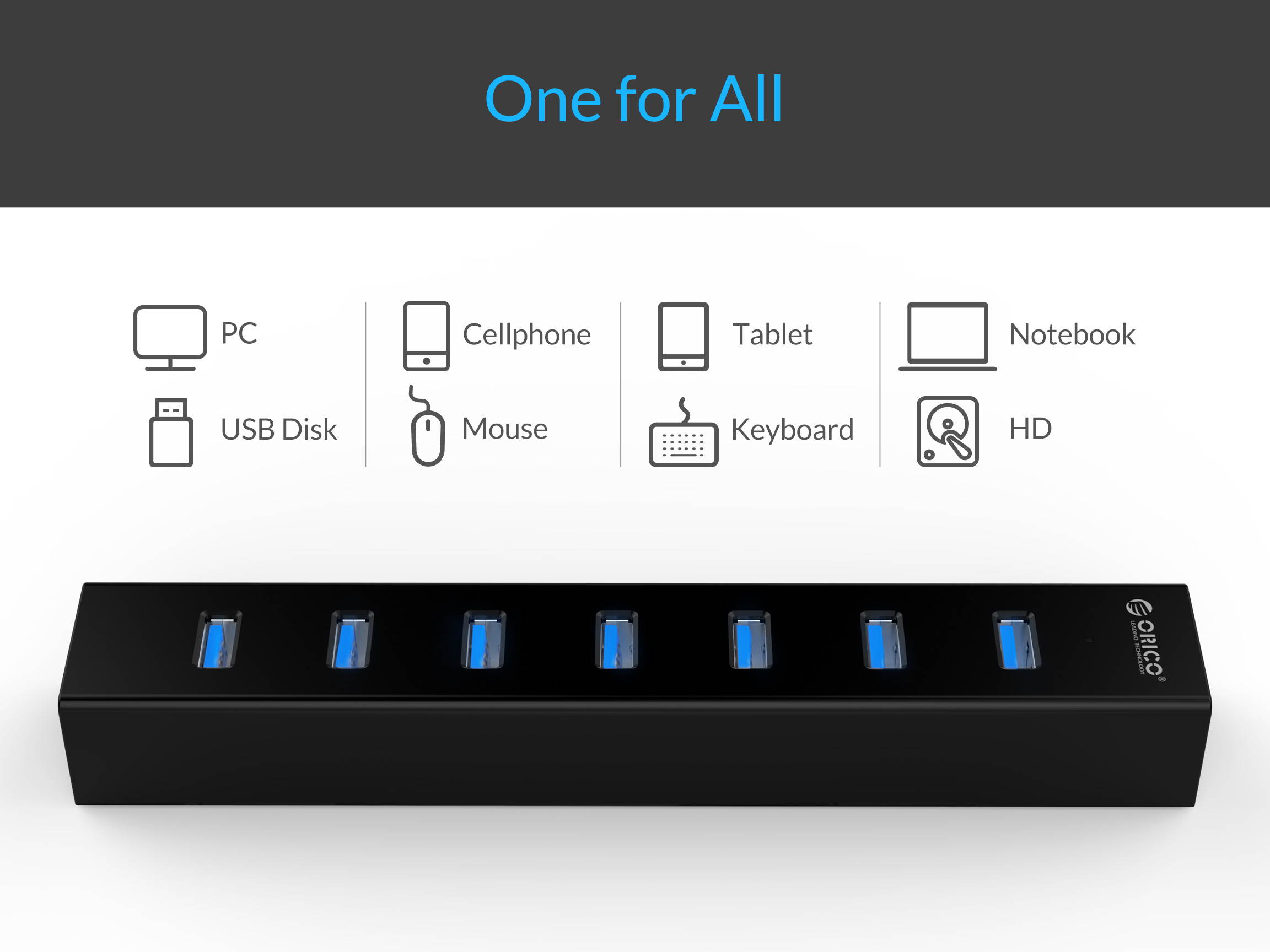 ORICO Super Speed USB 3.0 7 Port Hub with 3.3Ft. Power Cord and Data Cable - (ORICO H7013-U3-V1-BK) Black