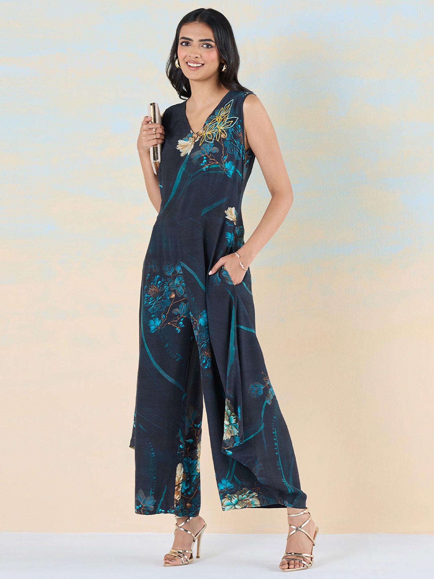 navyasa by liva Teal Floral Print Jumpsuit