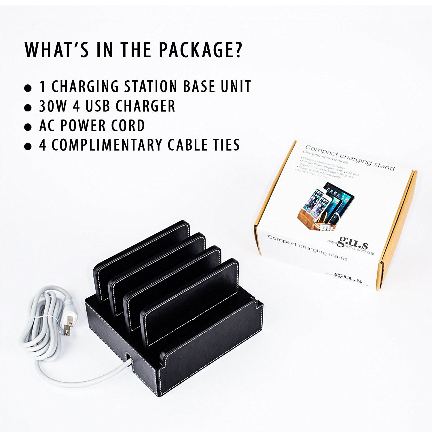 Compact Universal Desktop Cell Phone & Tablet/eReader/Kindle Charging Station, with Set of Cable Ties. Multiple Finishes Available - Black Leatherette
