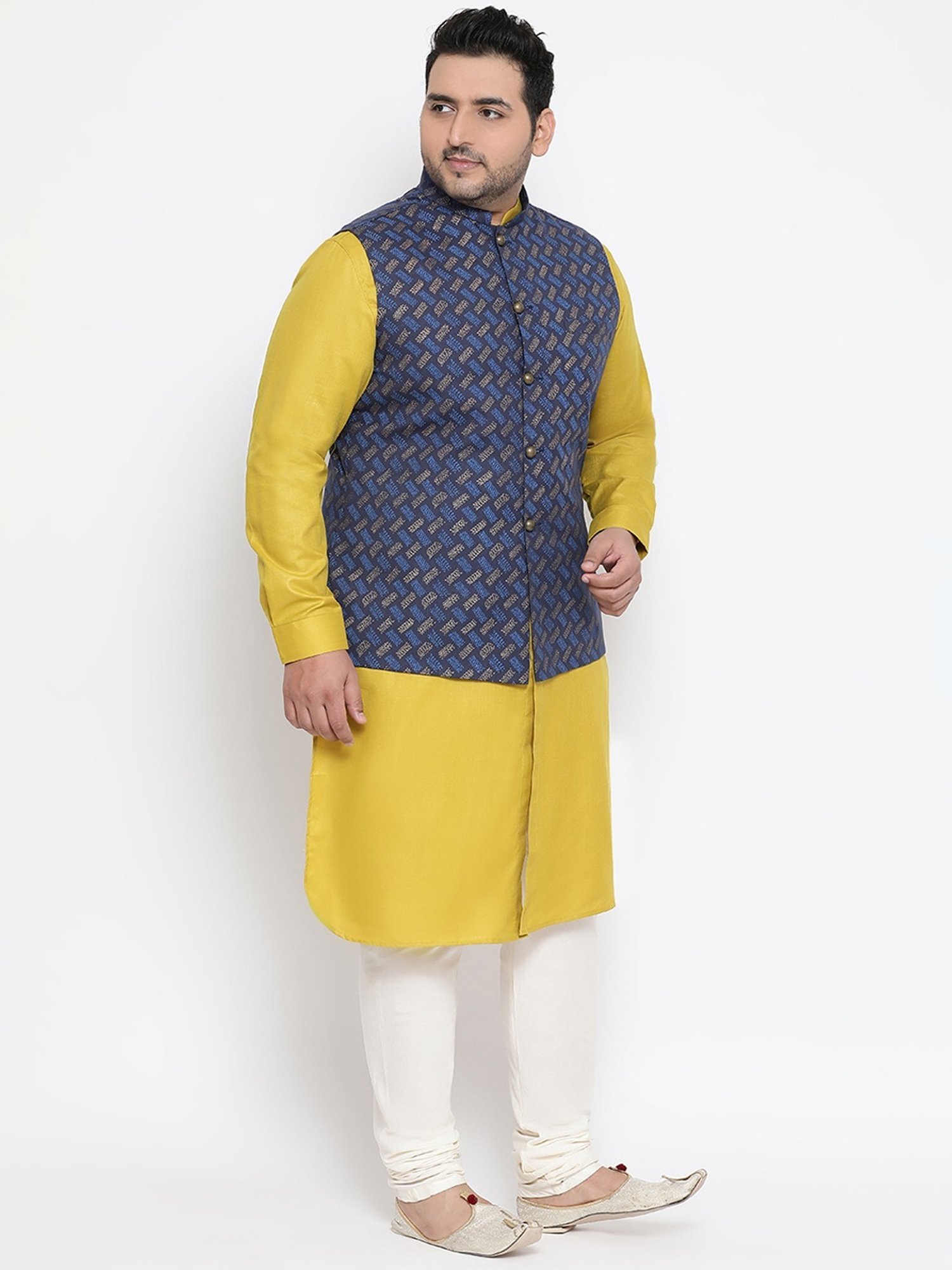 KISAH PLUS Navy & Mustard Regular Fit Printed Kurta Set With Jacket