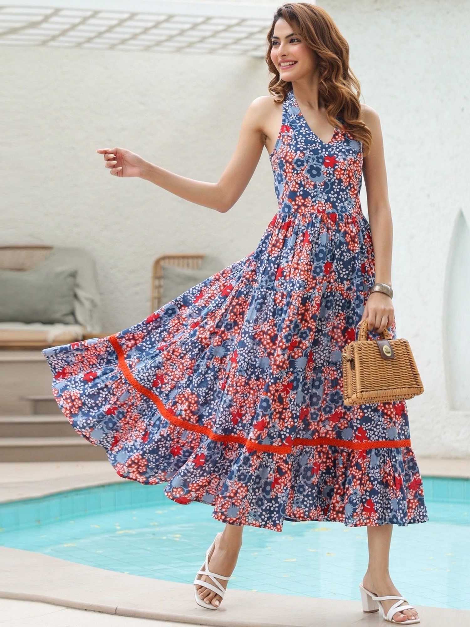Rain and Rainbow Blue & Red Cotton Floral Print A-Line Dress