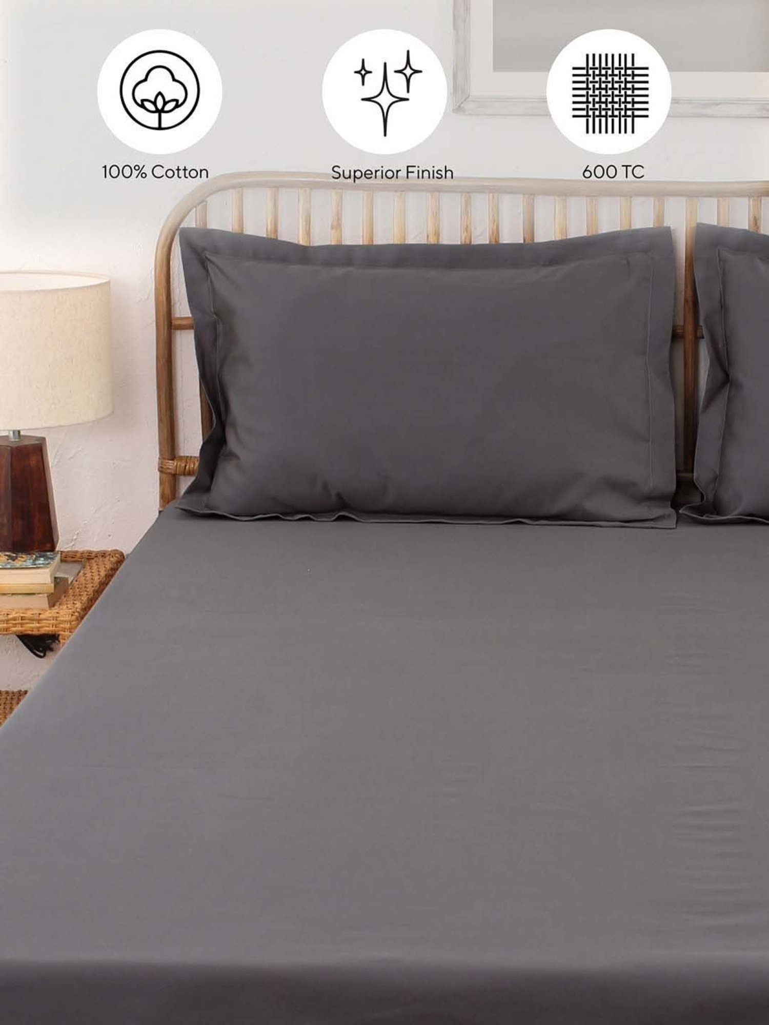 House This Pepper Grey Cotton 600 TC Double Size Bedsheet With Pillow Covers