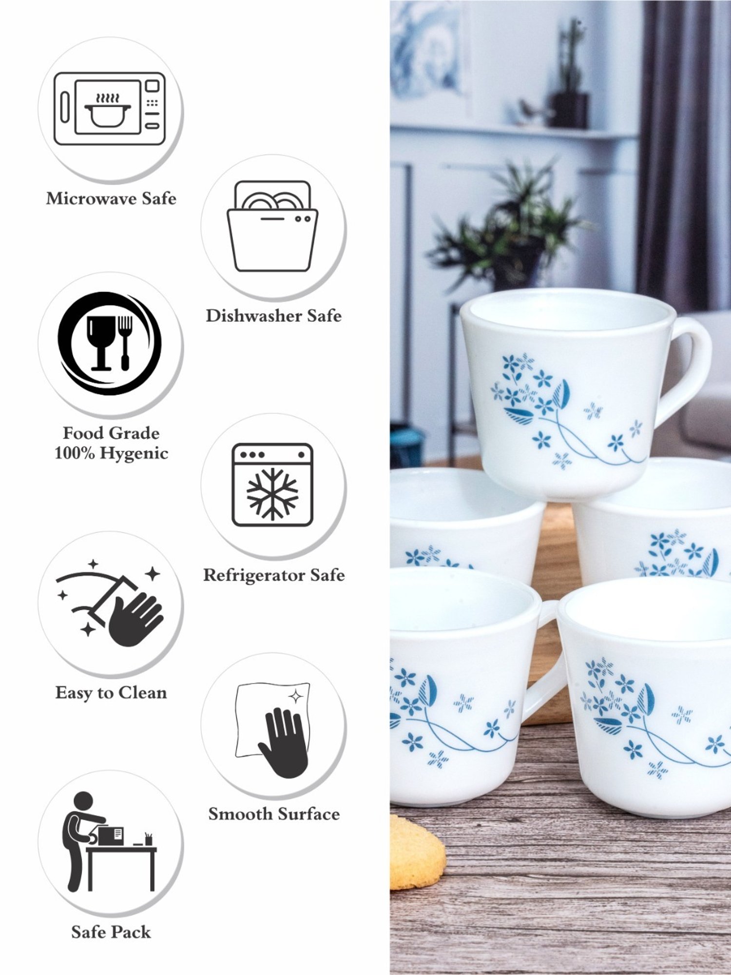 Larah by Borosil White Ceramic Opalware Mug - Set of 6 160ml