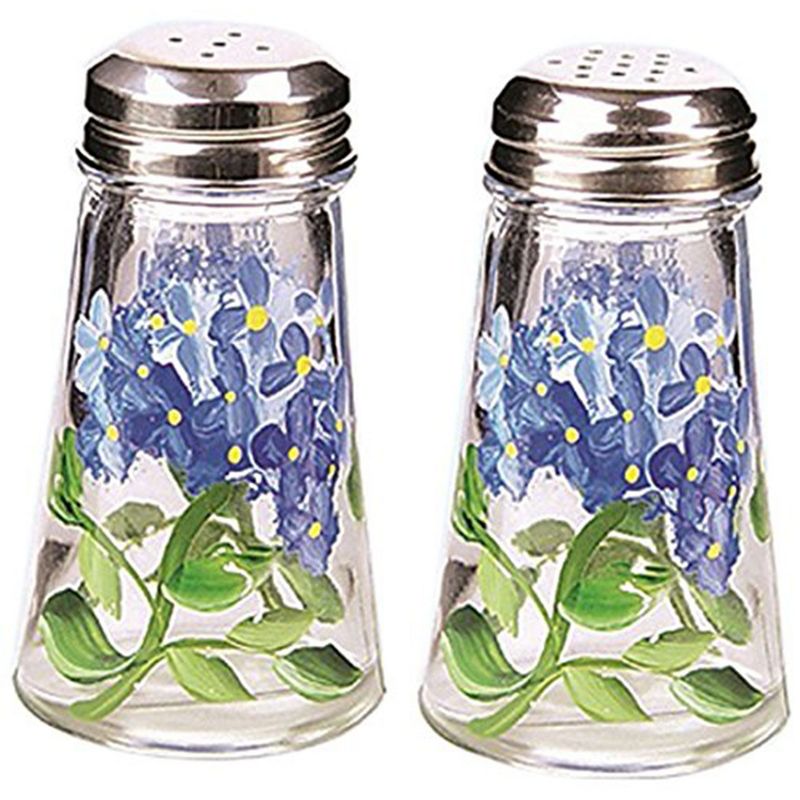 Grant Howard Glass Salt and Pepper Shaker Set and 2 Oil Vinegar Cruet Bottles Hand Painted with Hydrangeas, Blue