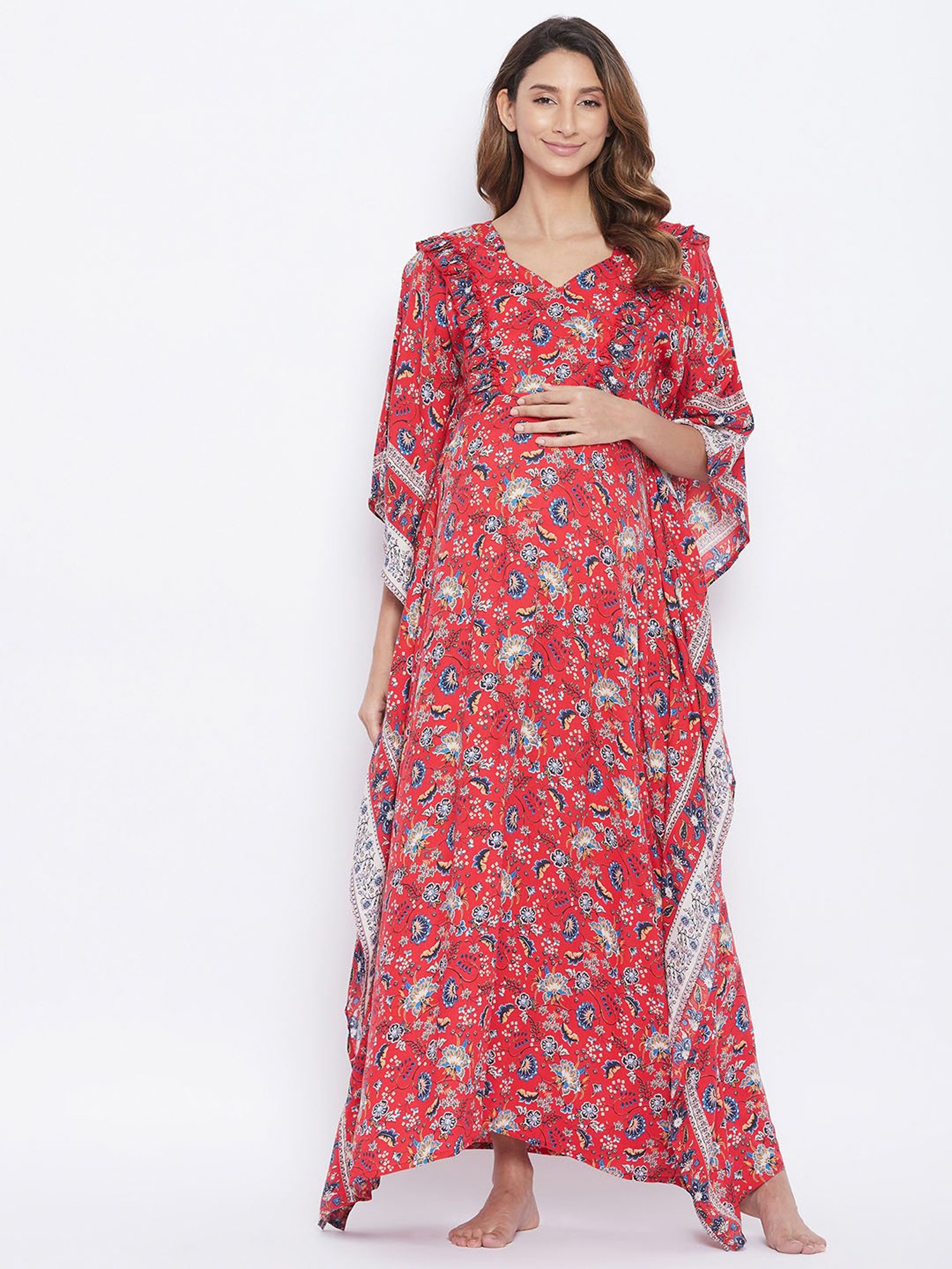 The Kaftan Company Red Printed Maternity Night Dress