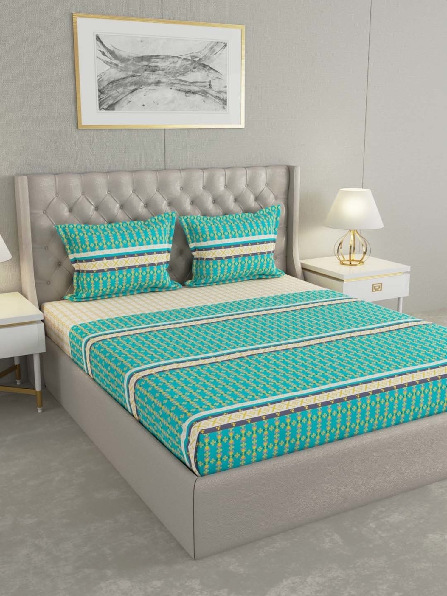 House This Juniper Blue Cotton 600 TC Double Size Bedsheet With Pillow Covers