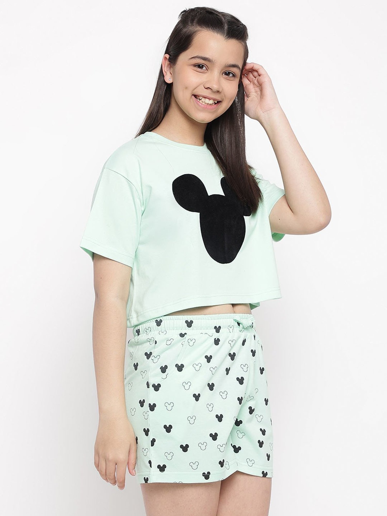 Lil Tomatoes Girls Green Printed T-Shirt with Shorts