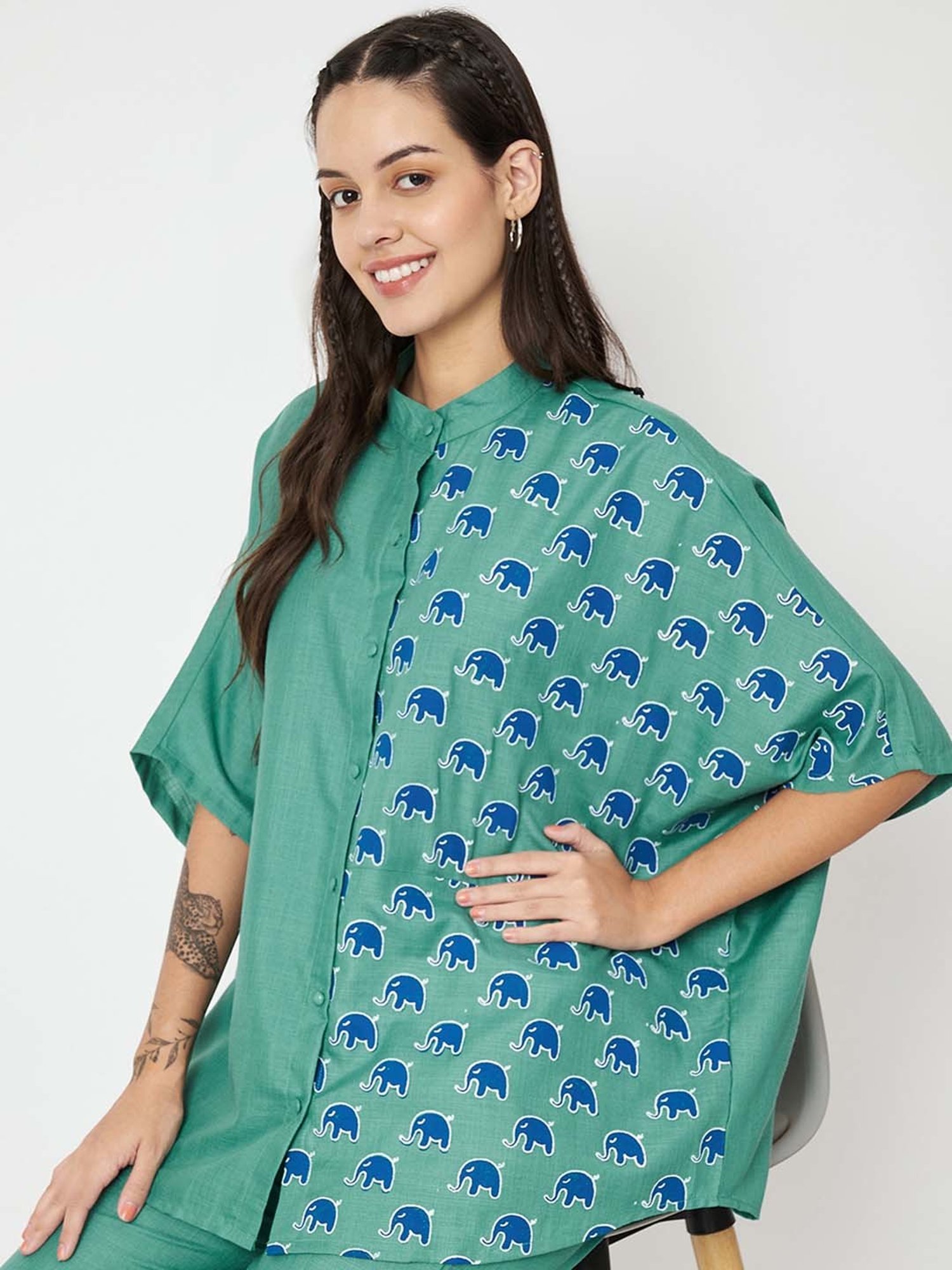 9rasa Green Printed Cotton Shirt