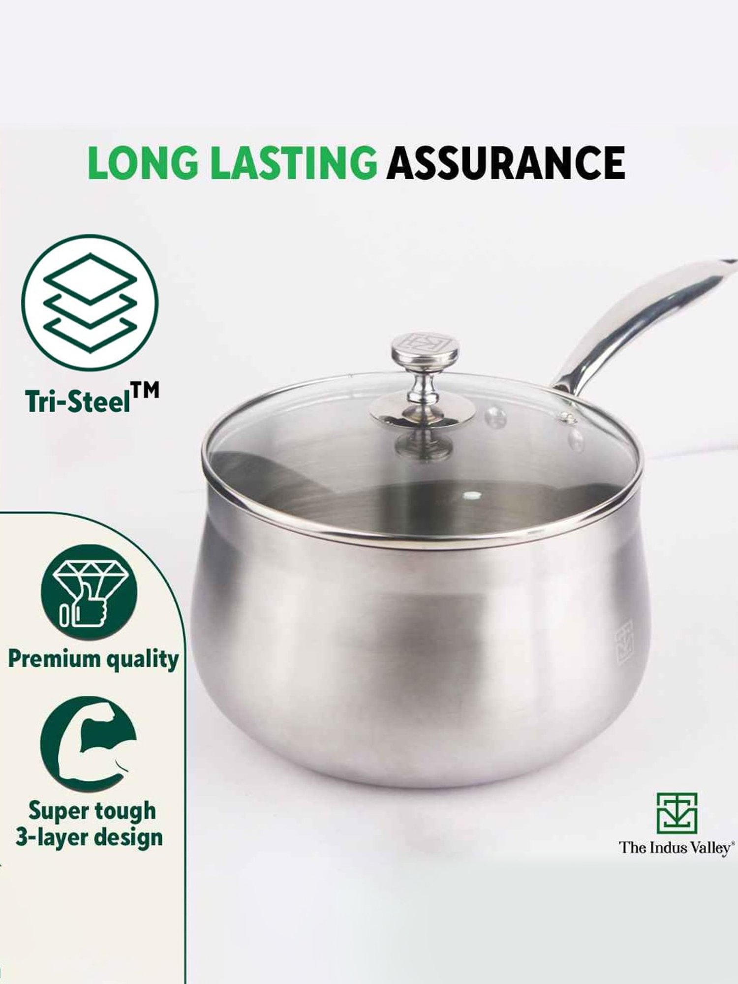 The Indus Valley Silver Stainless Steel Sauce Pan with Glass Lid (Dia:20.3cm, 3.5L)