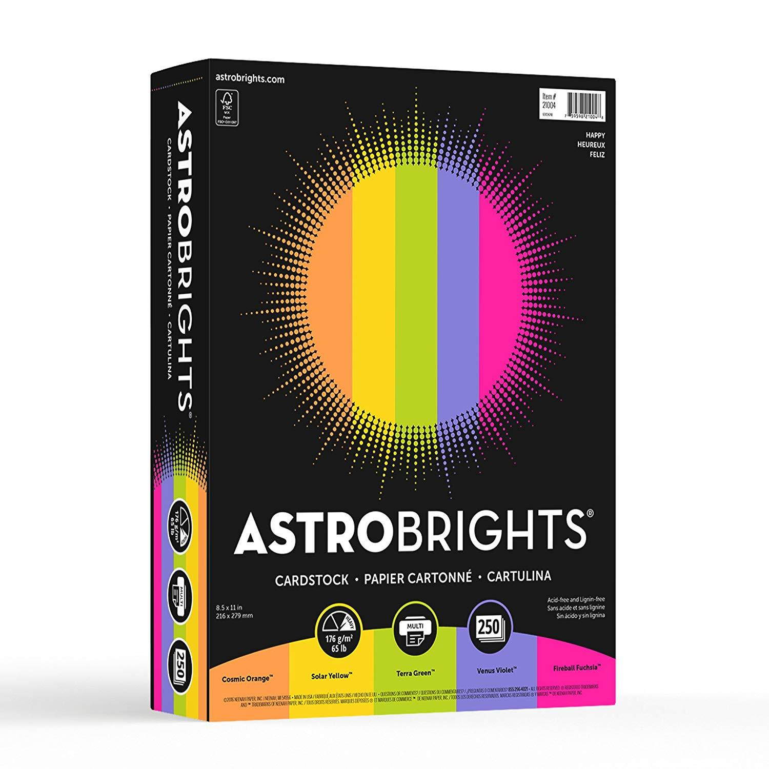 Astrobrights Colored Cardstock, 8.5" x 11", 65 lb/176 gsm,"Happy" 5-Color Assortment, 250 Sheets (21004)