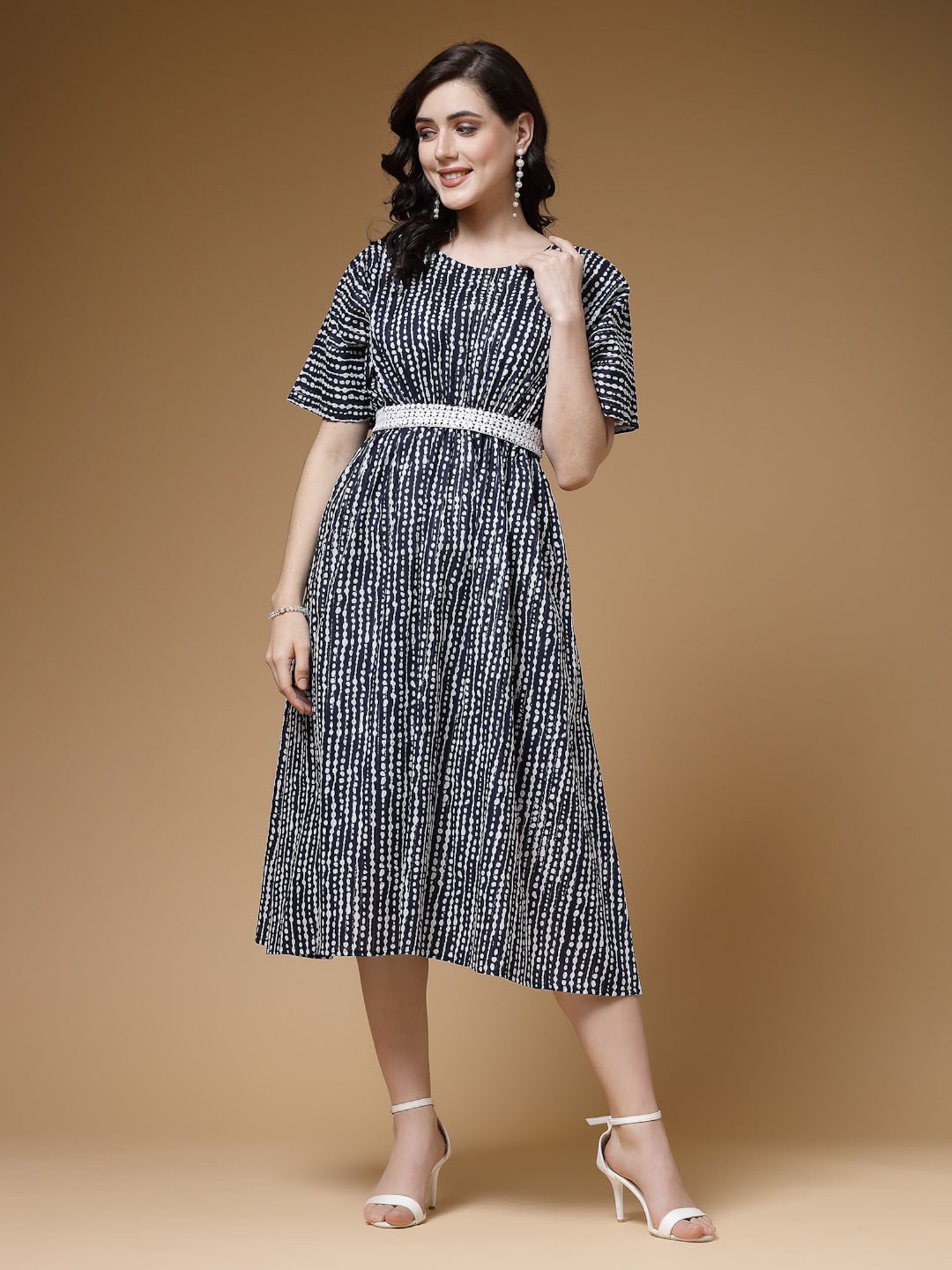 Indibelle Blue Cotton Striped Ethnic Dress