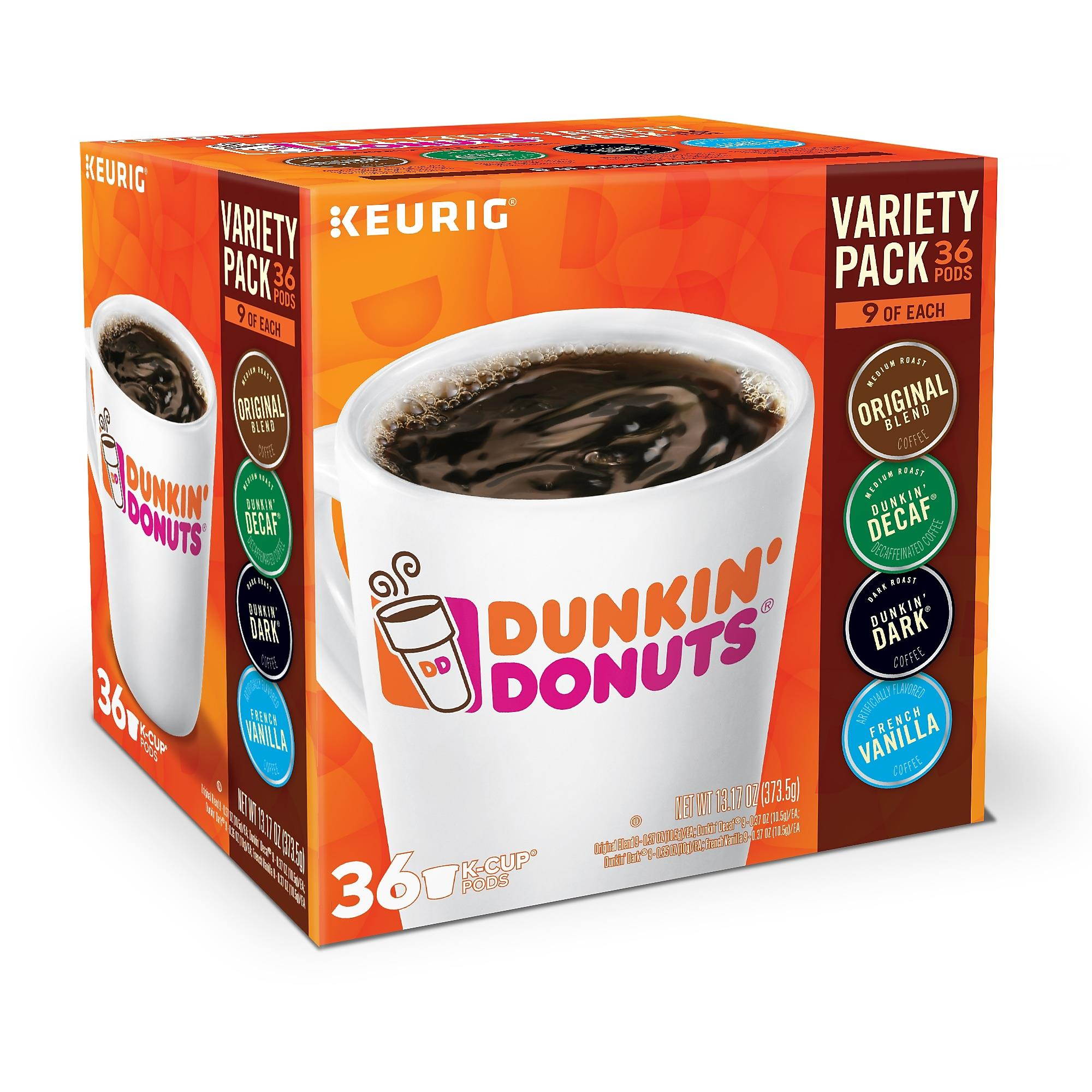 Dunkin Donuts Coffee K-Cup&reg; Pods Variety Pack, 15.2 Oz, Box Of 36 Pods