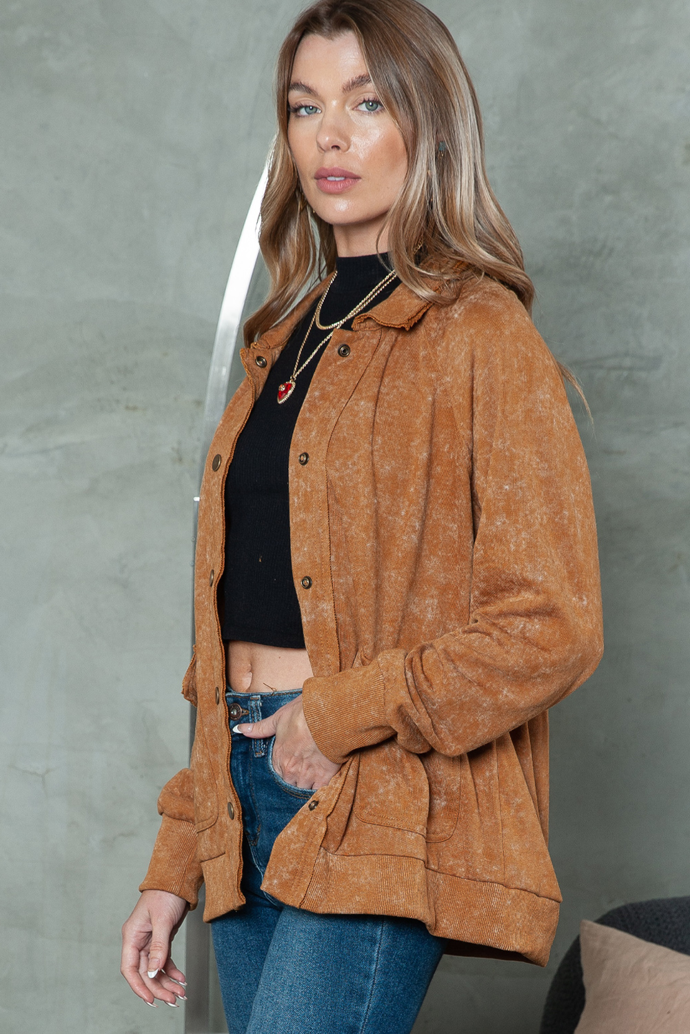 Khaki Snap Button Casual Jacket with Flap Pockets