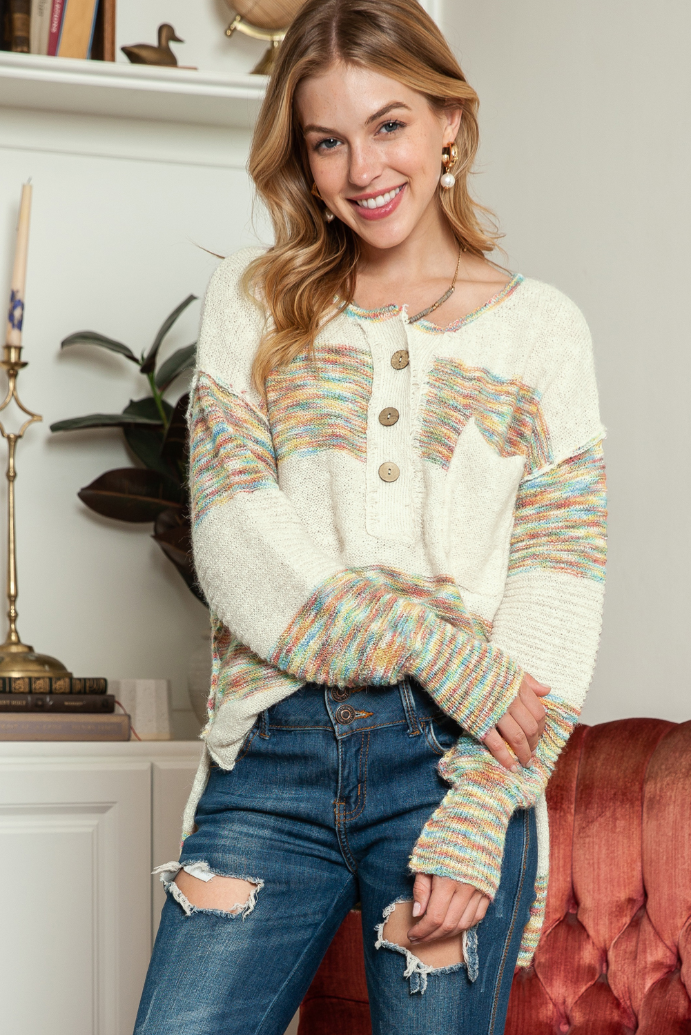 Yellow Drop Shoulder Henley Pullover Sweater With Slits